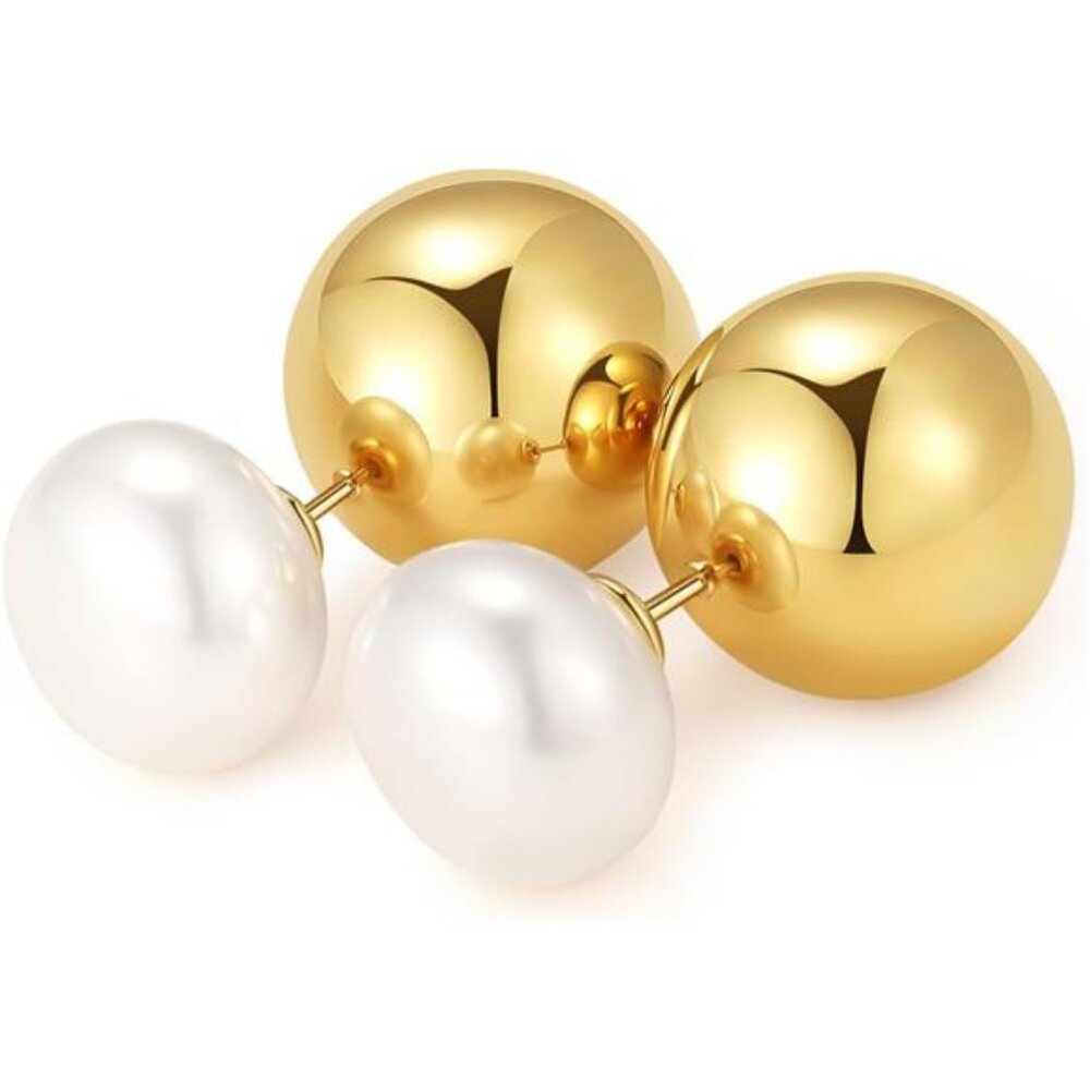 18K Gold-Plated Double-Sided Pearl Earrings – Elegant Button & Ball Design